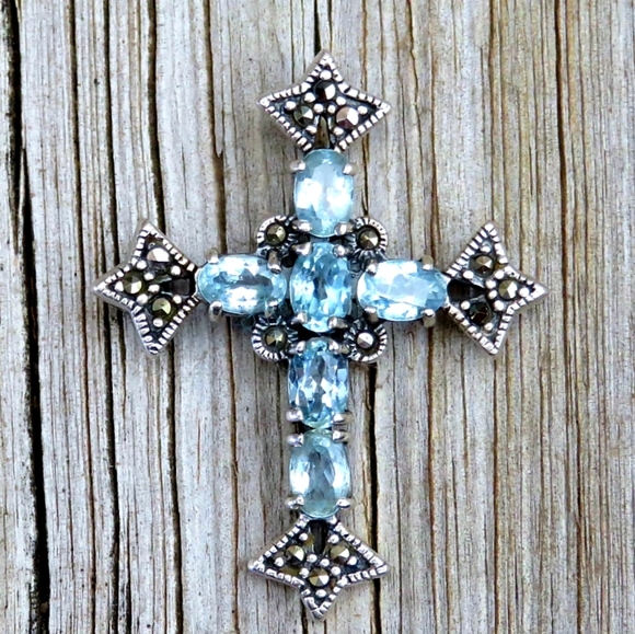 Vintage Jewelry - Vintage 925 Topaz & Marcasite Ornate Cross Pendant